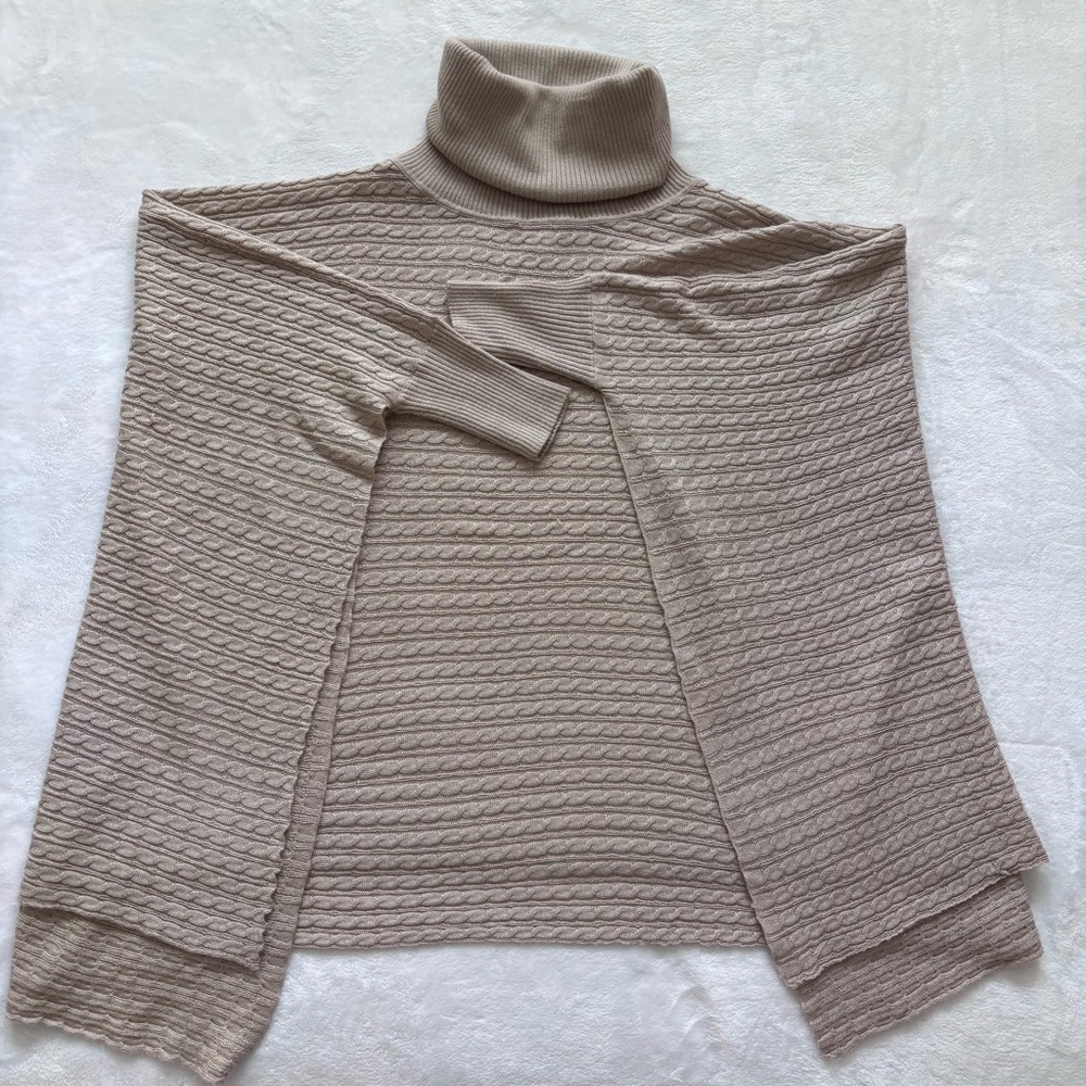 BOSTON PROPER Tan Cable Knit Turtleneck Poncho Sweater--EUC--XS/S - Picture 7 of 14